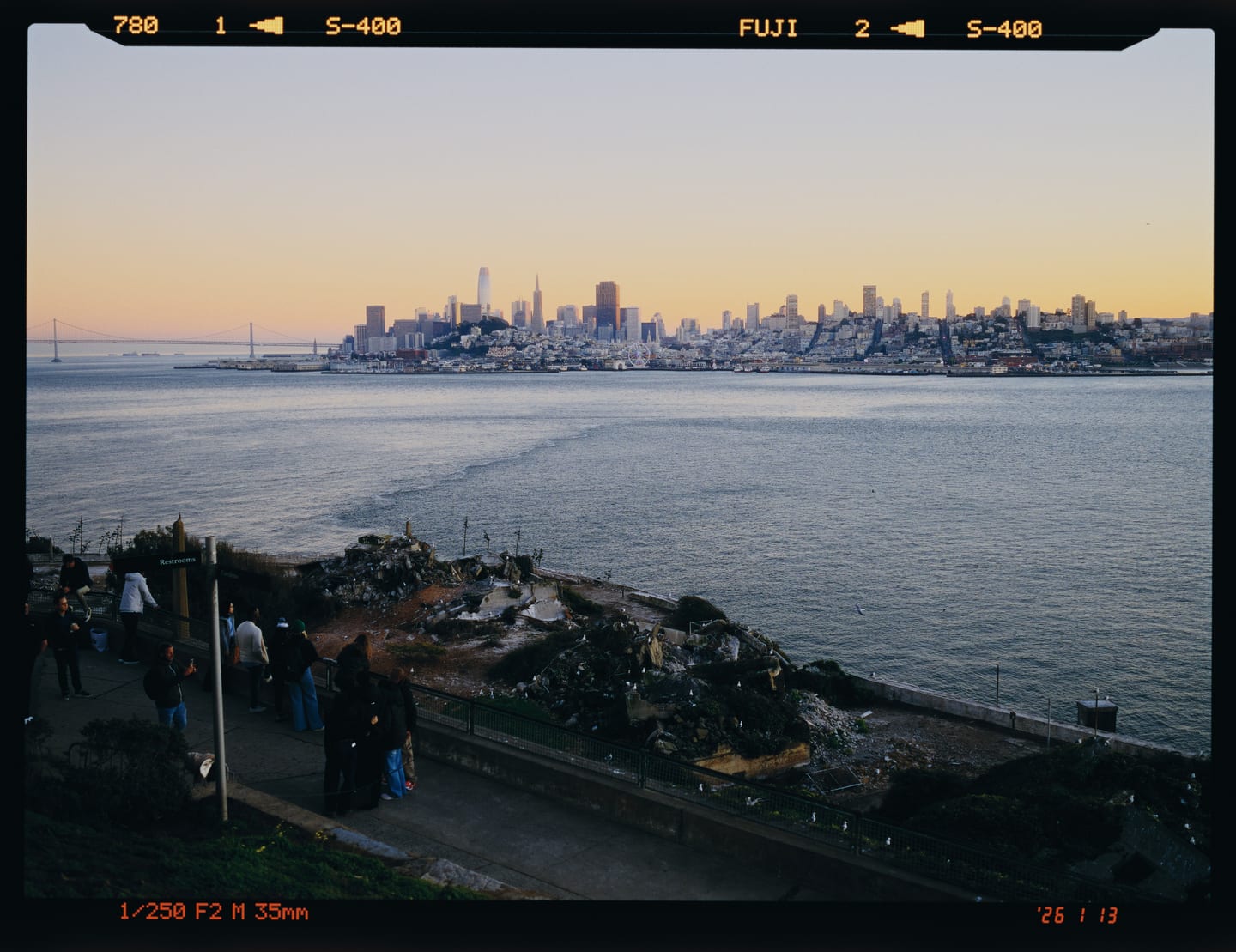 San Francisco from Alcatraz on Fujifilm X-Tra 400, 6×8, with the shooting data and the date exposed into the margin.