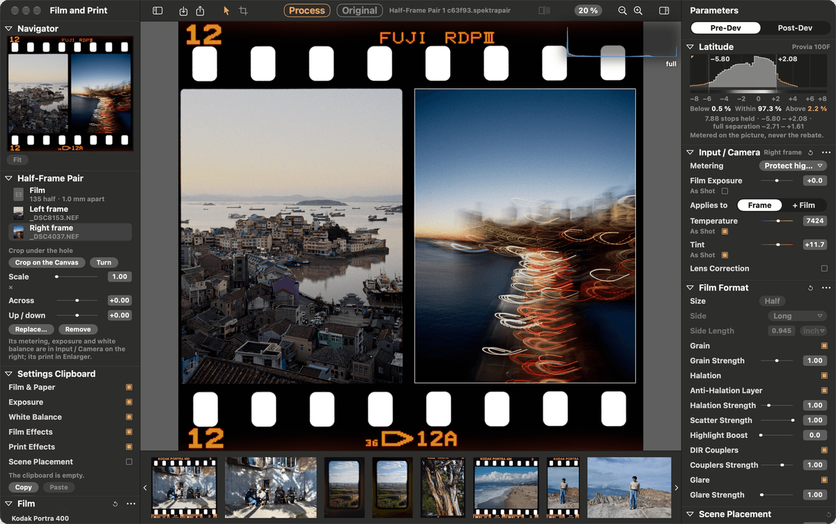 SpektraLab showing a half-frame pair on Fujifilm Provia 100F: a harbour town on the left, light trails on the right, with the Half-Frame Pair section open.